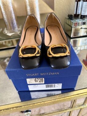 Stuart Weitzman Black Leather Flats with Gold Chain Buckle